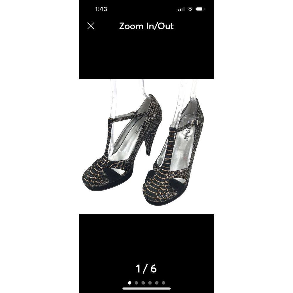 Colin Stuart t-strap heels with  black and gold snake embossed design - 9